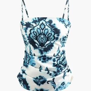 NWT Zara Womens Ruched Top Blue & White Floral Print Cotton, Small